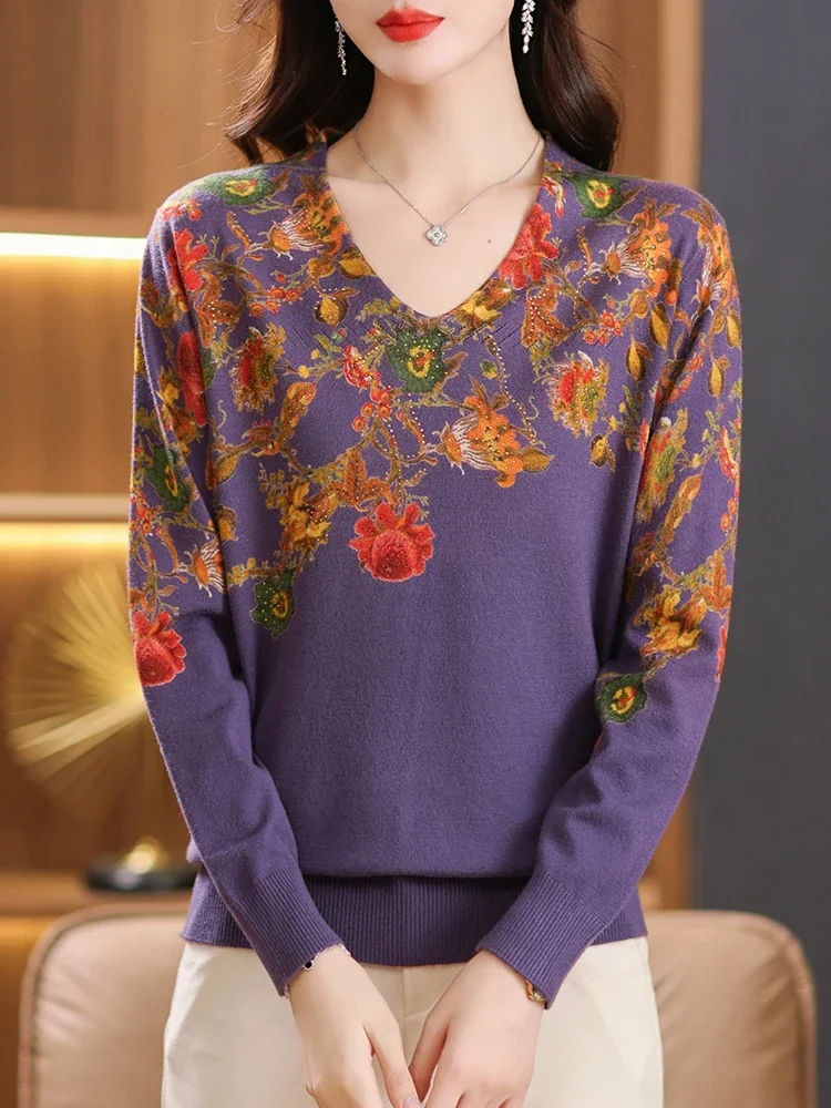 

Floral Print Women's Sweaters Spring Autumn Korean Fashion Pullovers Long Sleeve Top Blusas Femme V Neck Knitwears Sweater