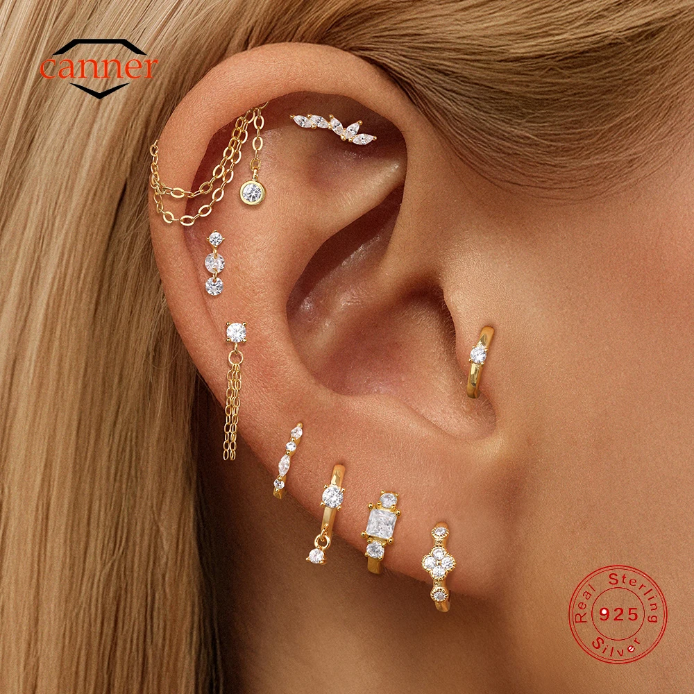 

CANNER 1PC 925 Sterling Silver Classic Ear Bone Hoop Earrings For Women Ins Horse Eye CZ Flat Head Piercing Stud Earring Jewelry