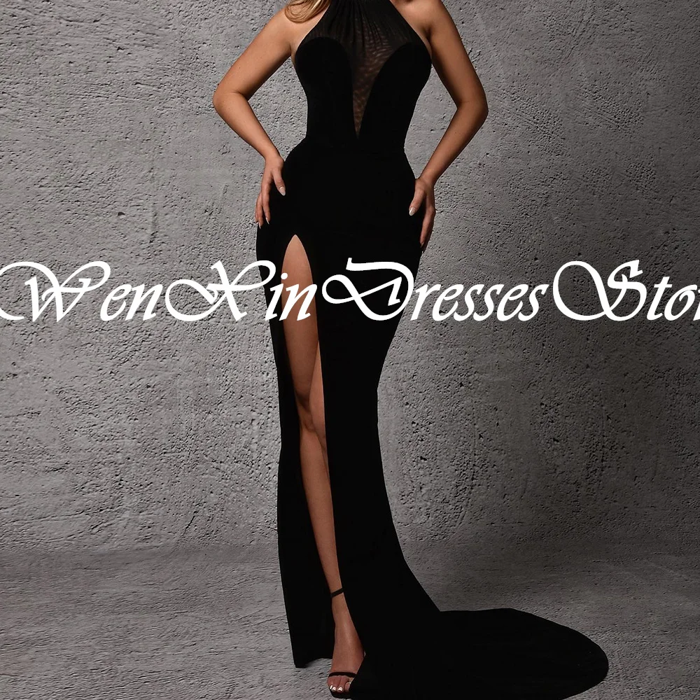 Customized Temperament Crystal Jersey Black Evening Dress Fashion Halter Straight Sleeveless Floor Length Bespoke Occasion Gowns