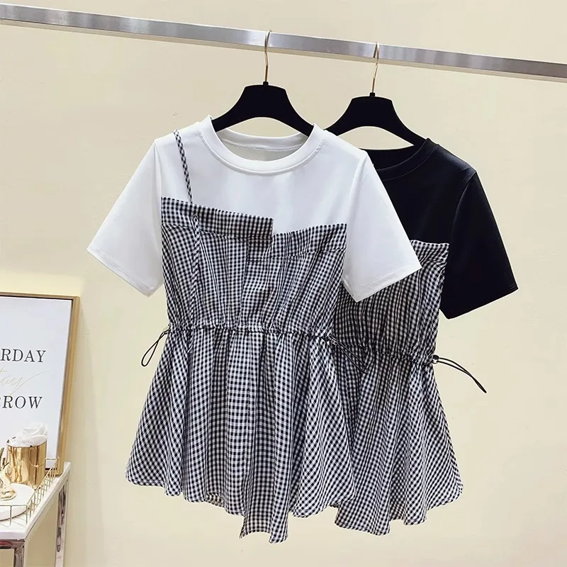

plus Size Splice ort Sve T-irt Women's Summer Faion Slimming Waist Design Korean Sle Commute round Ne Top