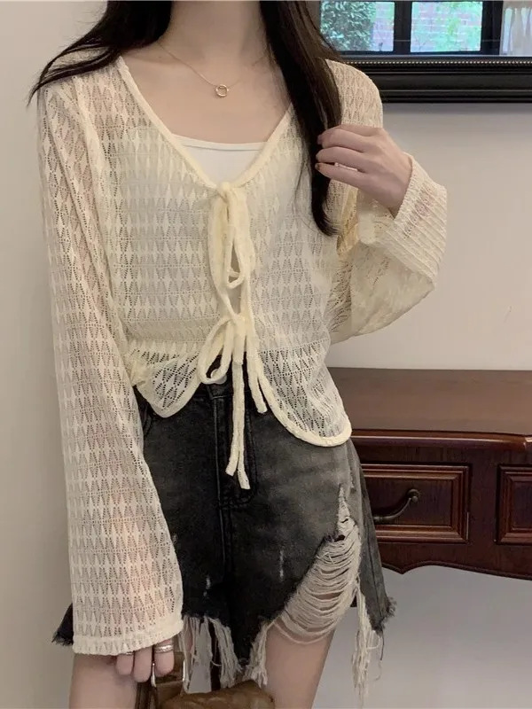 Top d'été pour femme, design tendance, en dentelle anti-UV, manches longues, col en V, style coréen, cardigan ouvert en gaze, ...
