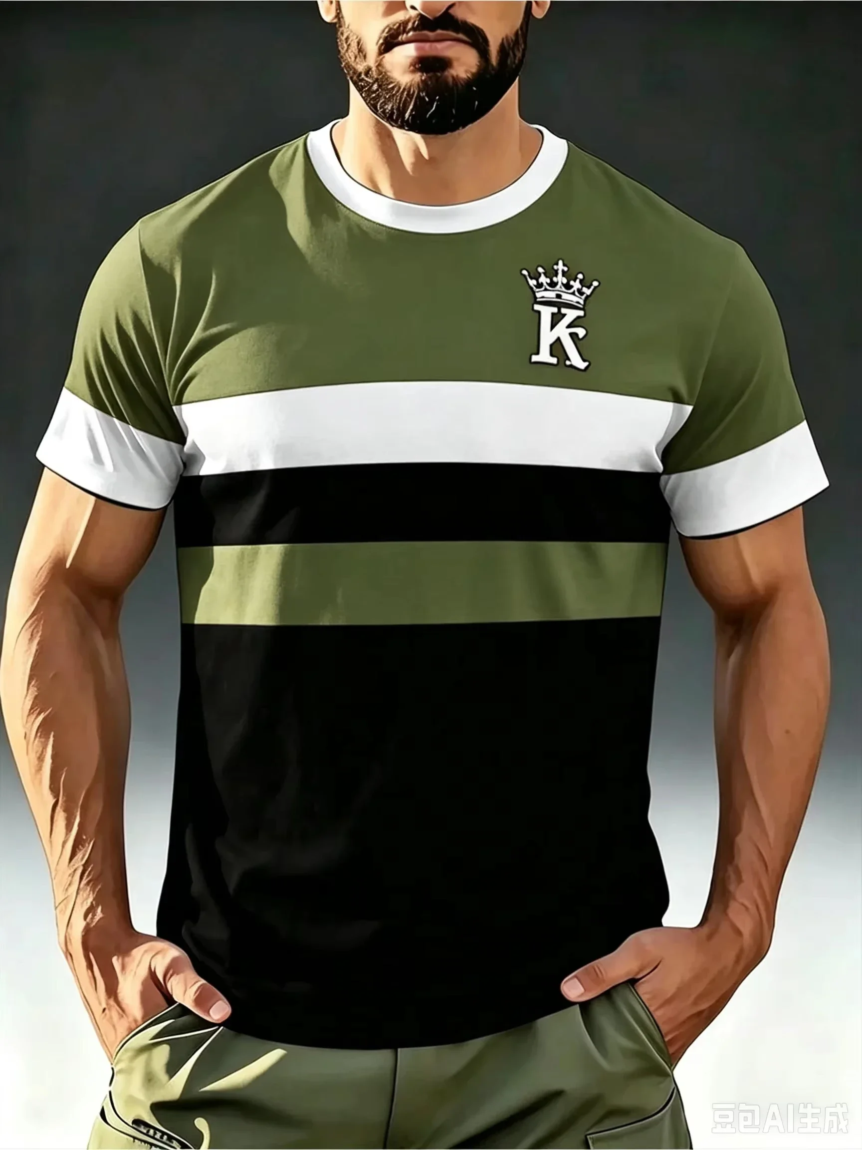 Fashion Simple 3D Letter K Print Men's T-shirt Color Block Stripe Graphic Crew Neck Short Sleeve Tops Trend Street Men's Clothes