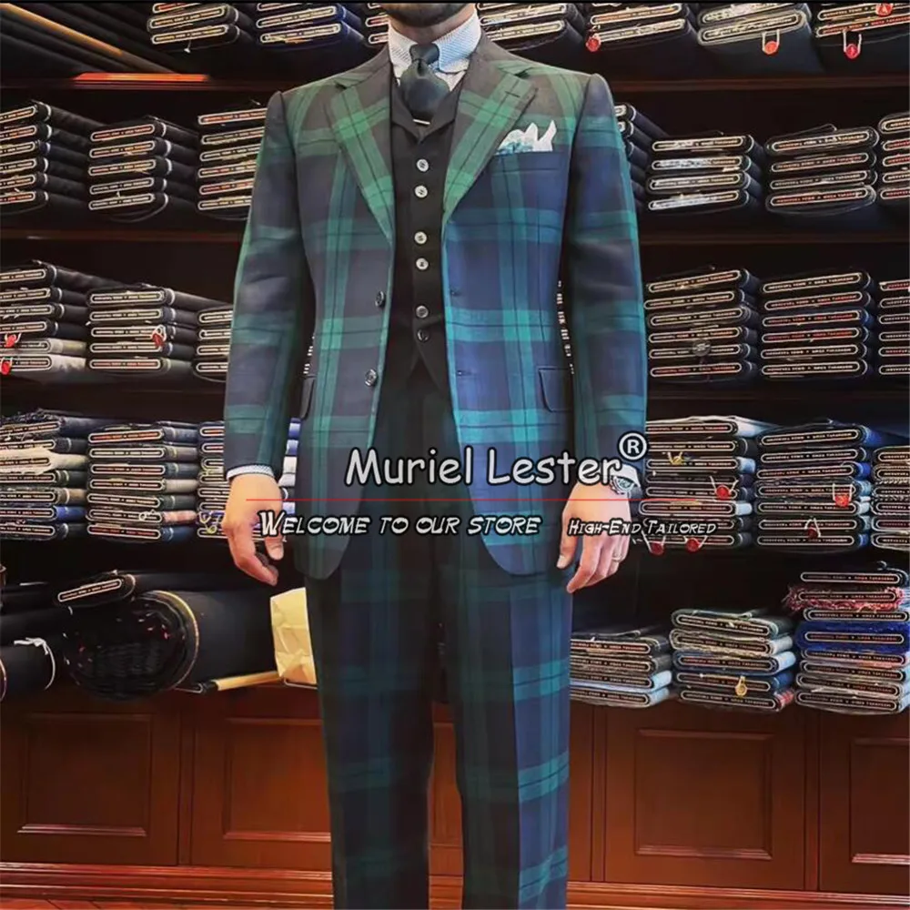 

England Business Suits For Men Green Navy Plaid Check 3 Pieces Set Groom Wear Banquet Party Wedding Tuxedos Bespoke Man Clothing