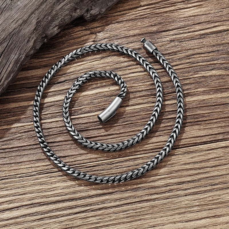 MKENDN Vintage Oxidized Cool Curb Cuban Chain Necklace for Men Stainless Steel Punk Rock Antique Cubic Foxtail Chain Male Gifts