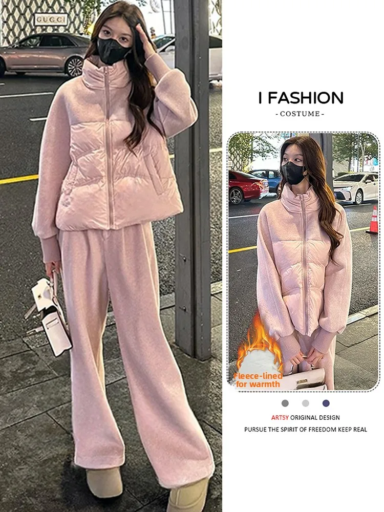

Warmth Faionable Stand Collar down Cotton Jaet Set Women's Winter New Sle Outerwear Wide Leg Pants Two Piece Set