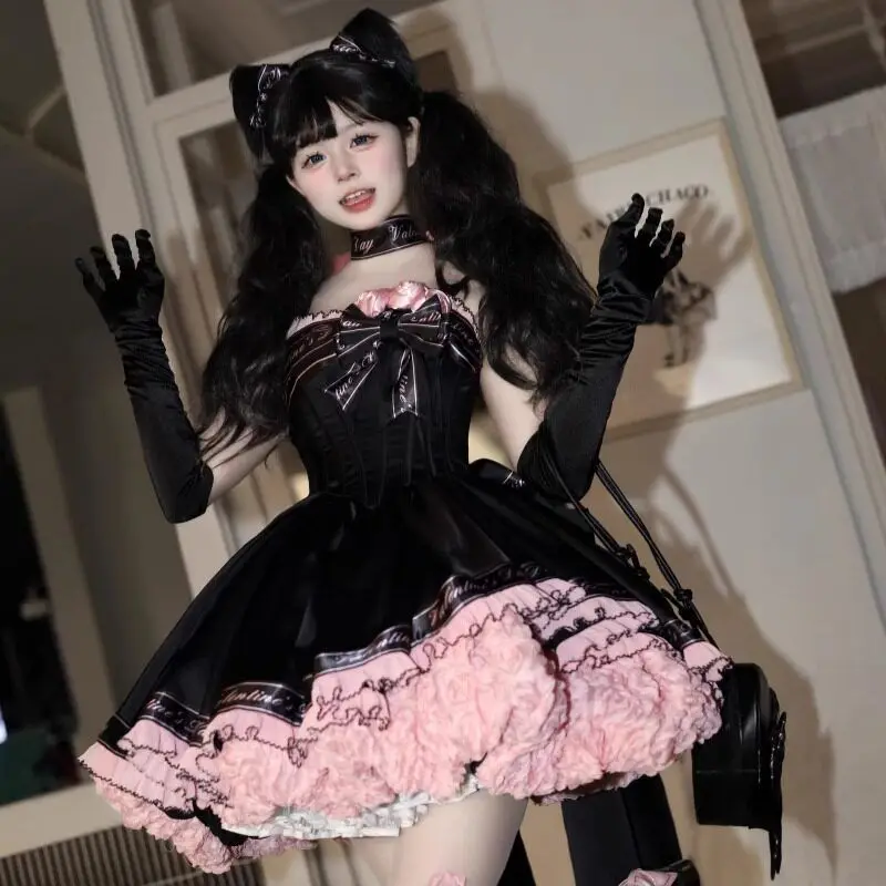 Sweet and Spicy Ballet Style Lolita Suspender Short Dress Women Elegant Y2k Flower Princess Birthday Party Dresses