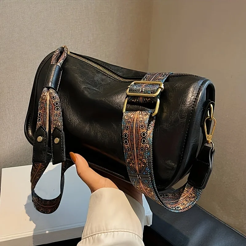 Graphic Pattern Zipper Crossbody Bag, Stylish Leather Shoulder Bag with Wide Strap Large Capacity Daily Purse Designer Hobos Bag