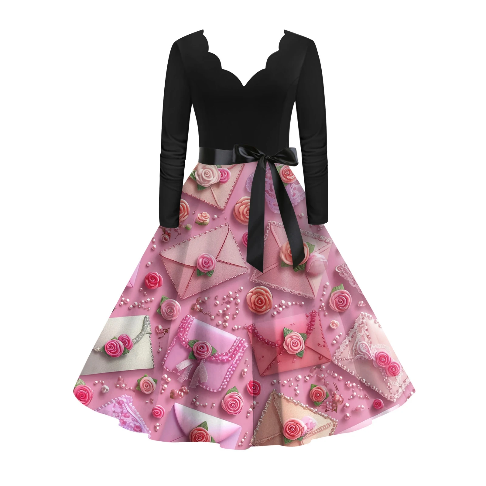 Dresses Heart-Print Dress Women Long-Sleeve Vintage A-Line Midi Dress Date Party Wedding Anniversary Evening 2026 Fashionable