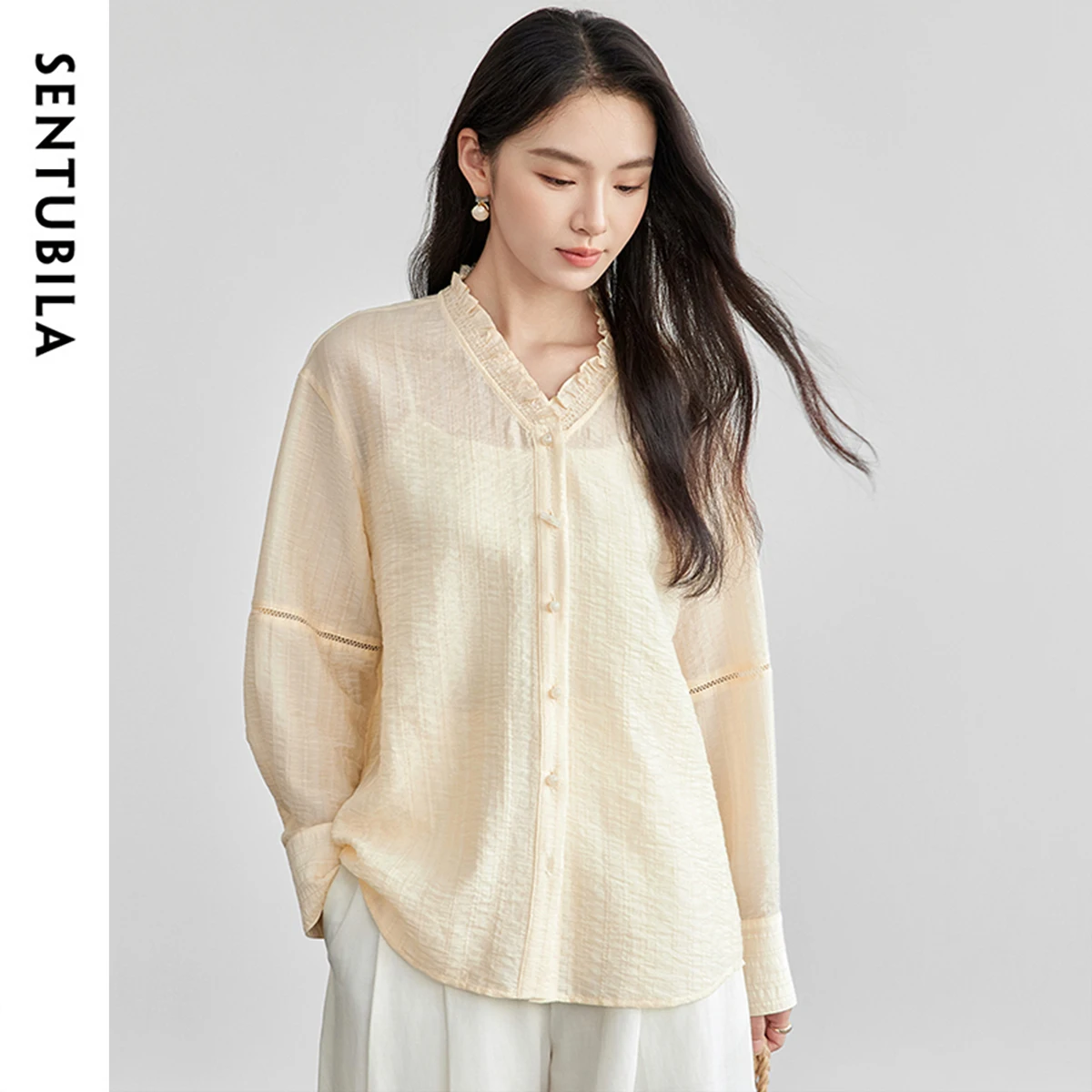 SENTUBILA Chinese Style Shirt Women 2025 Spring Lyocell Straight Ruffles V Neck Hollow Folds Long Sleeve Button Blouse 151C57678