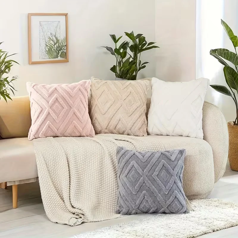 2 Pack Geometric Embossed Plush Throw Pillow Covers, Soft Square Cushion Cases, Decorative Pillow Covers for Couch Living Room