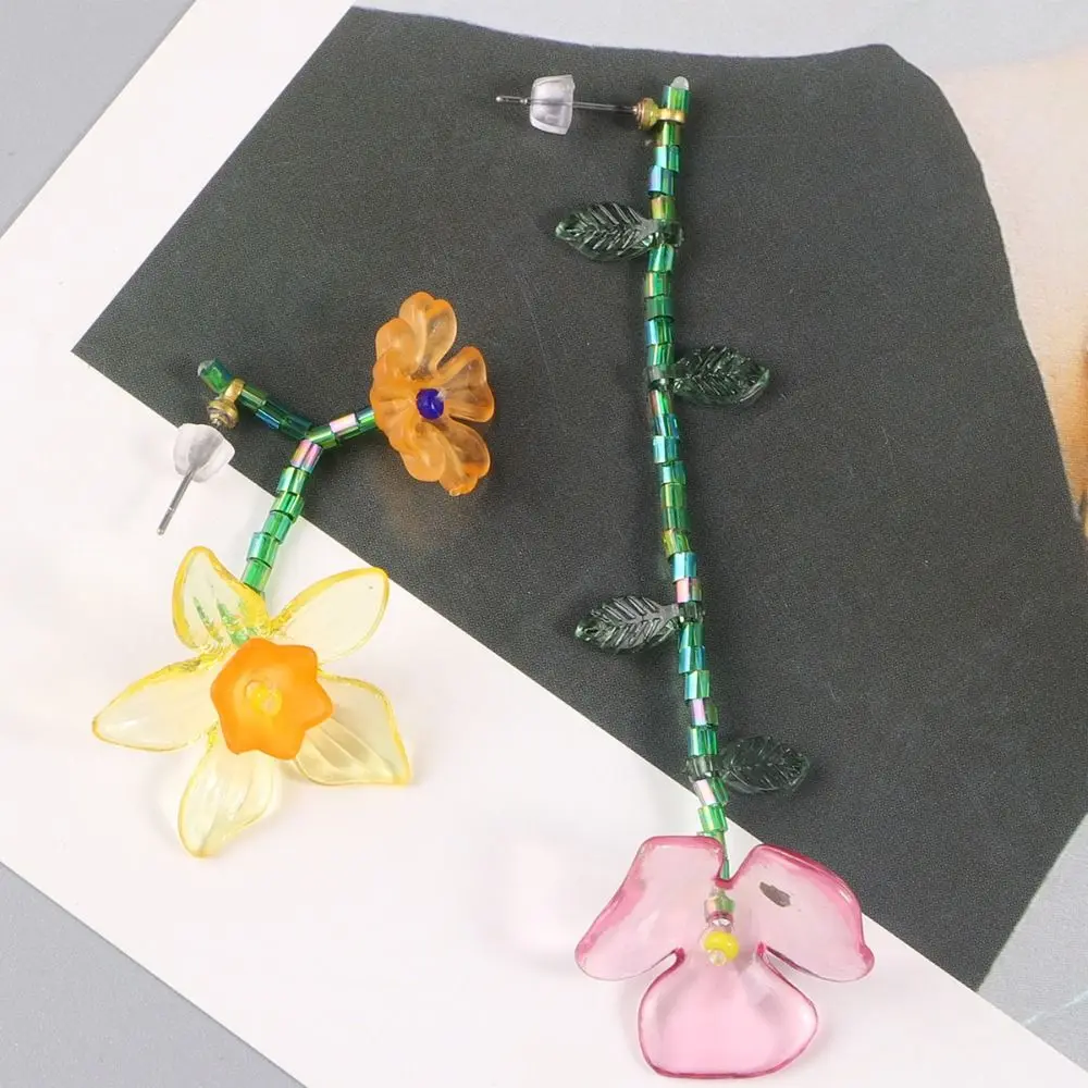 Minority Design Resin Flower Necklace Handmade Korean Style Beaded Dangle Earring Jewelry Accessories Tassel Asymmetric Earrings