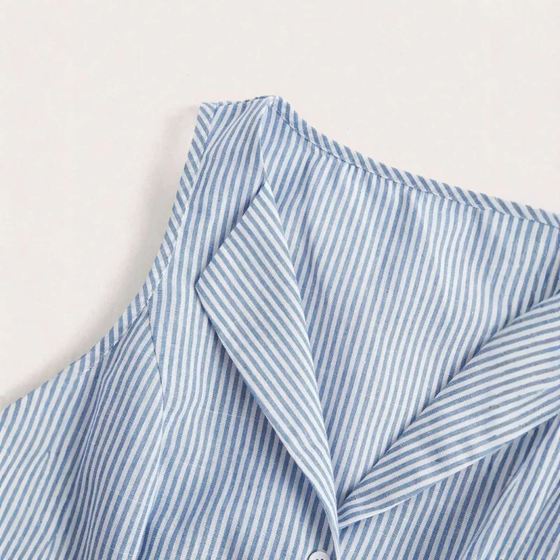 Mulheres verão novo elegante comute sem mangas vestido listrado emagrecimento lapela pescoço estilo europeu e americano mini vestido para mulher