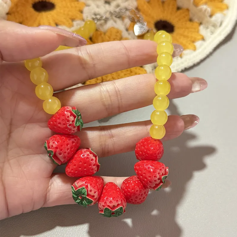 3D Fruit Simulation Strawberry Lemon Bead Necklace with Sparkling Glass Beads Cute Exaggerated Jewelry Gift - view 4