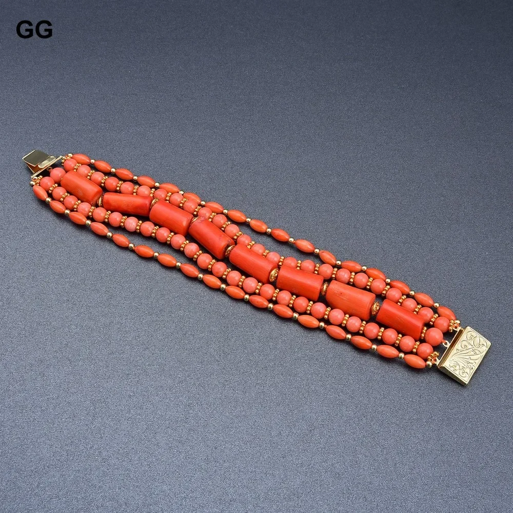 GG 8'' 5 Strands Multi Shape Orange Coral Bracelet Handmade For Lady