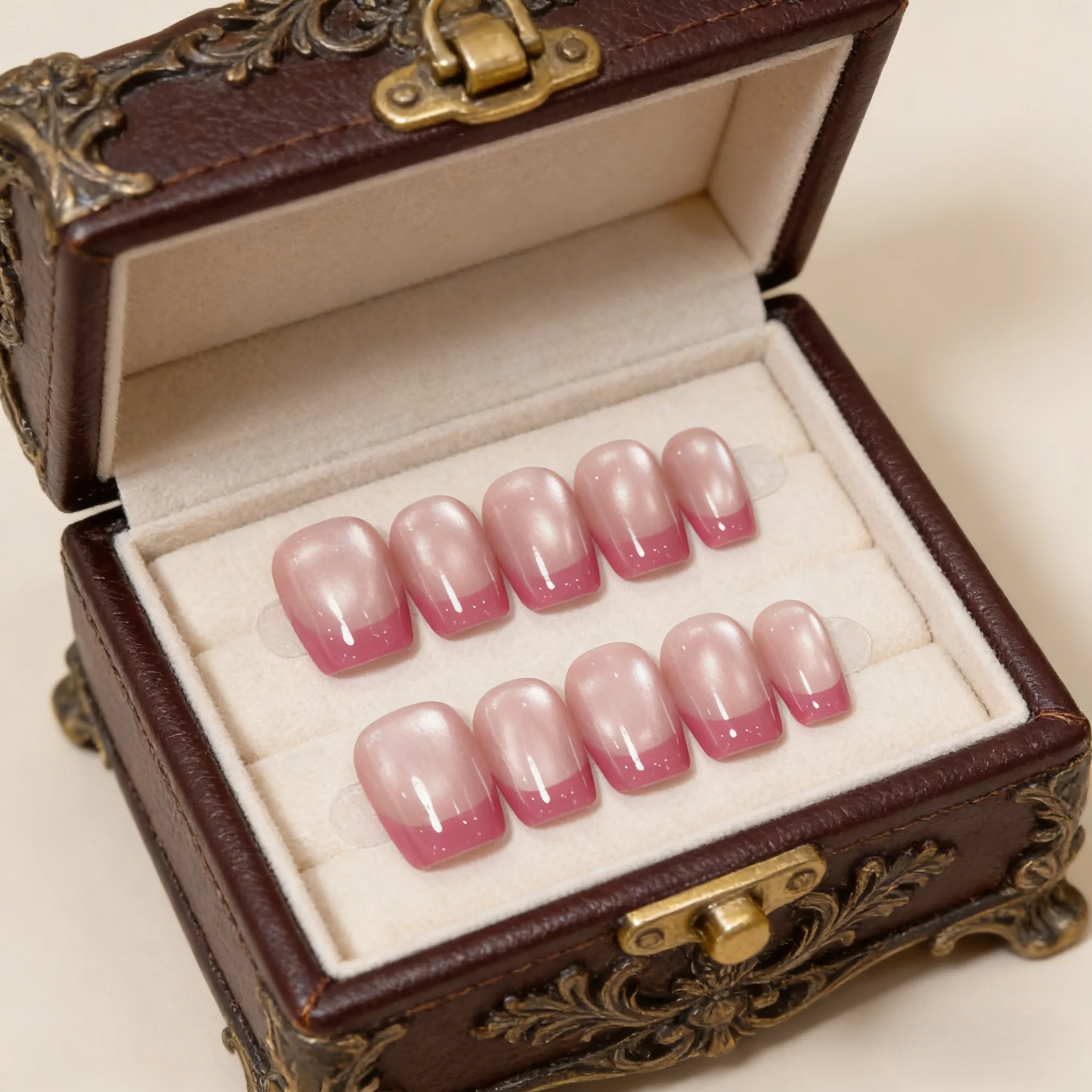 

10pcs Iceberry French Handmade Nails Red Edge Cat's Eye Press on Nail Short Square Full Coverage Nail Tips for Women&Girl