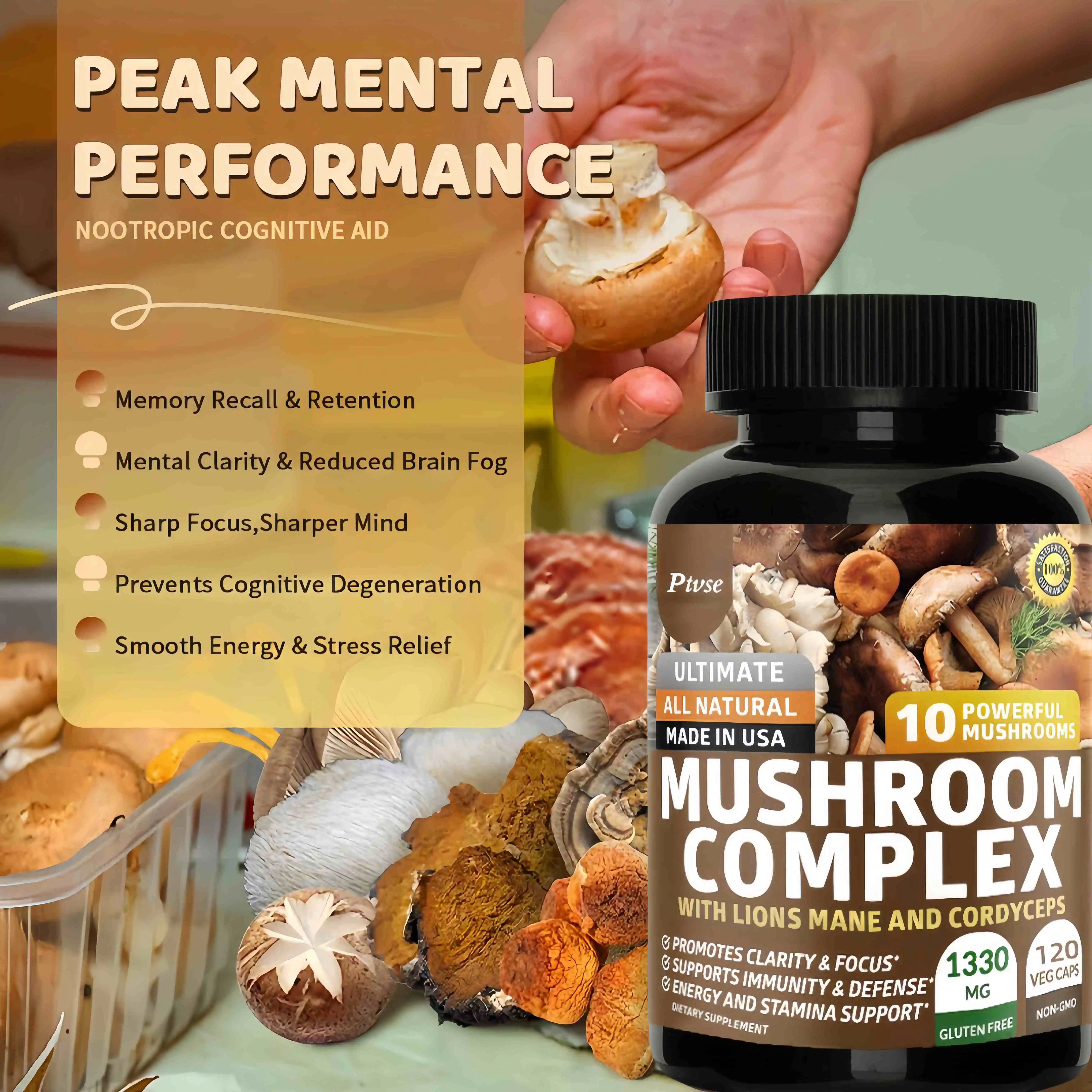 Original Mushroom Complex Capsules with Lions Mane Chaga Cognitive Brain Function Stress Relieves Beauty Health Diet Supplement