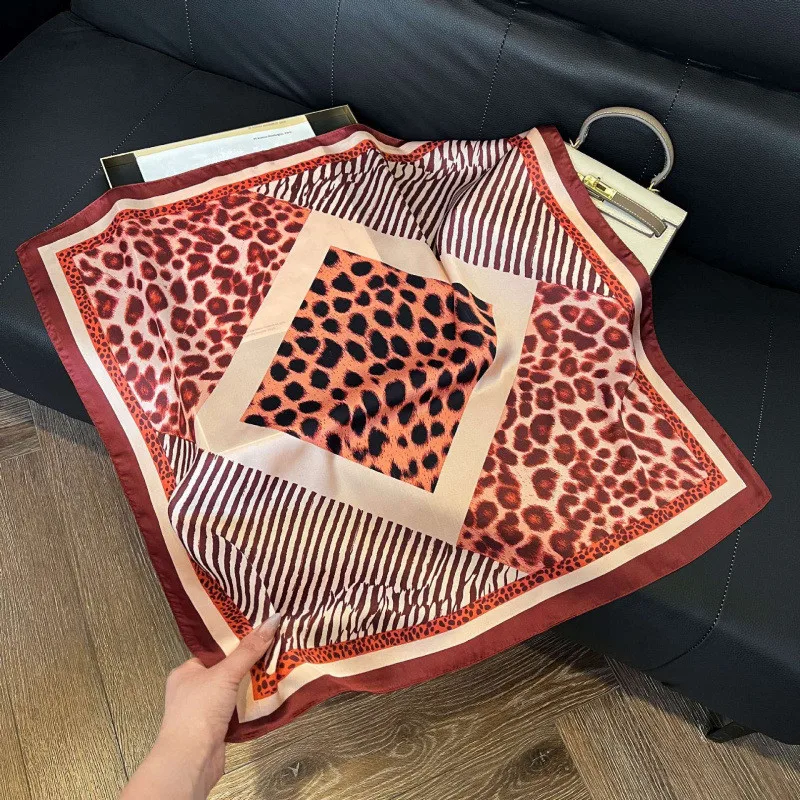 70*70cm Leopard Print Silk Scarf For Women Spring Summer Soft Satin Borders Square Bandana Sun Protection Shawls Hair Scarf Lady