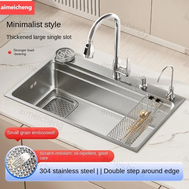 304 Stainless Steel Kitchen Sink Silver Large Single Slot Wash Basin Nano Dishwashing Undermount Sink Left side drainage