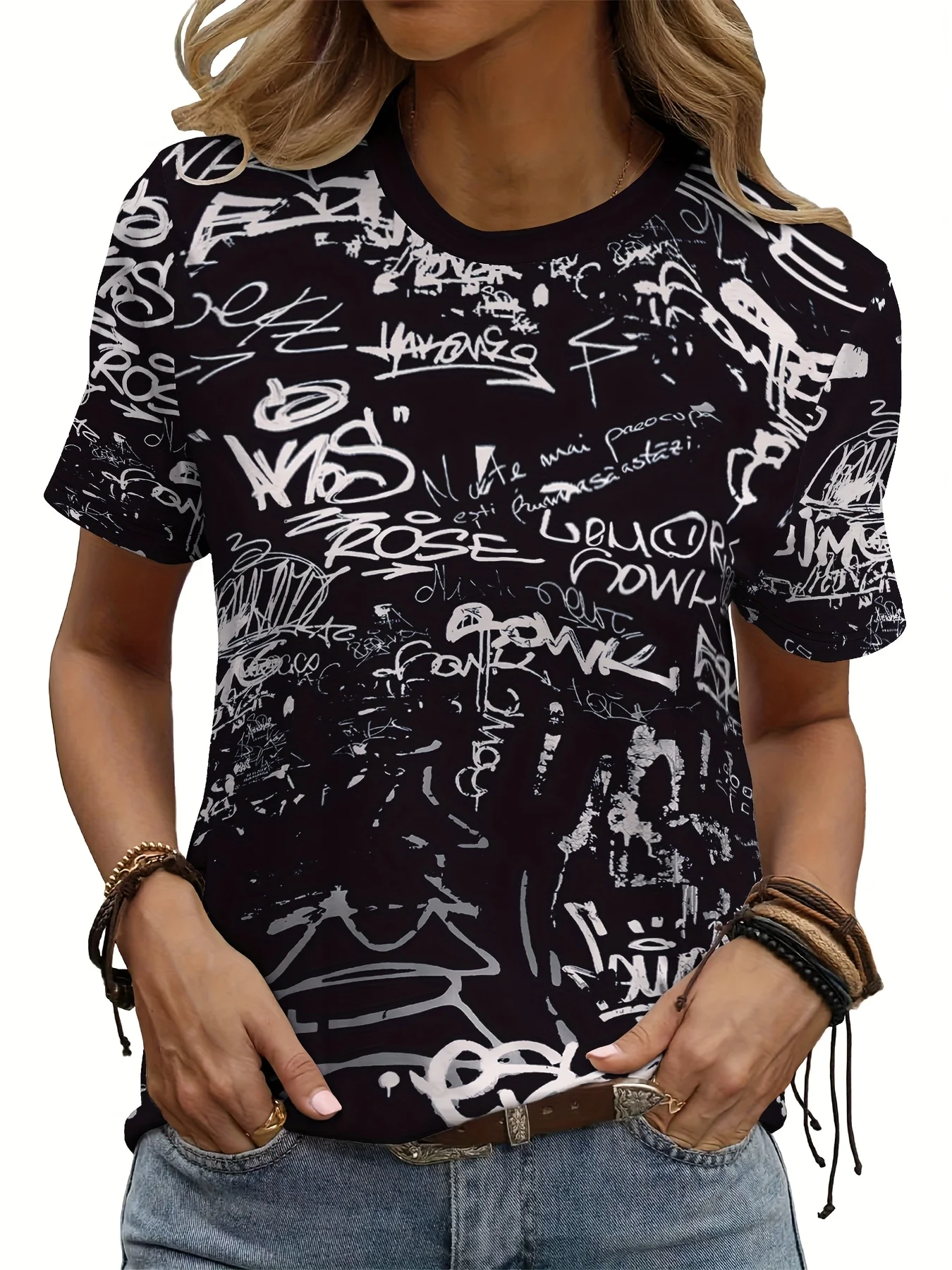 2025 New Summer Women's Clothing Poster Letter Printing Ladies T-shirt Round Neck Short Sleeve Street Casual Daily Basic Tops
