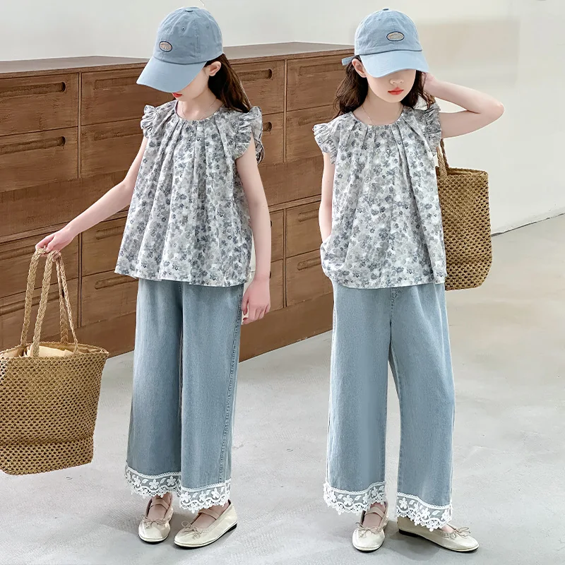 

Girls Summer Clothes Set Children Floral Sleeveless Peplum Top + Wide-Leg Pants Two-Piece Set 2025 New
