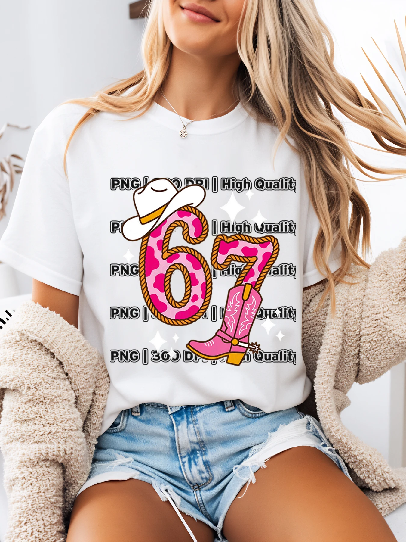 Cowboy Hat and Boots 67Th Birthday Design T-Shirt for Women Casual Wear Party Outfit White Plus-Size