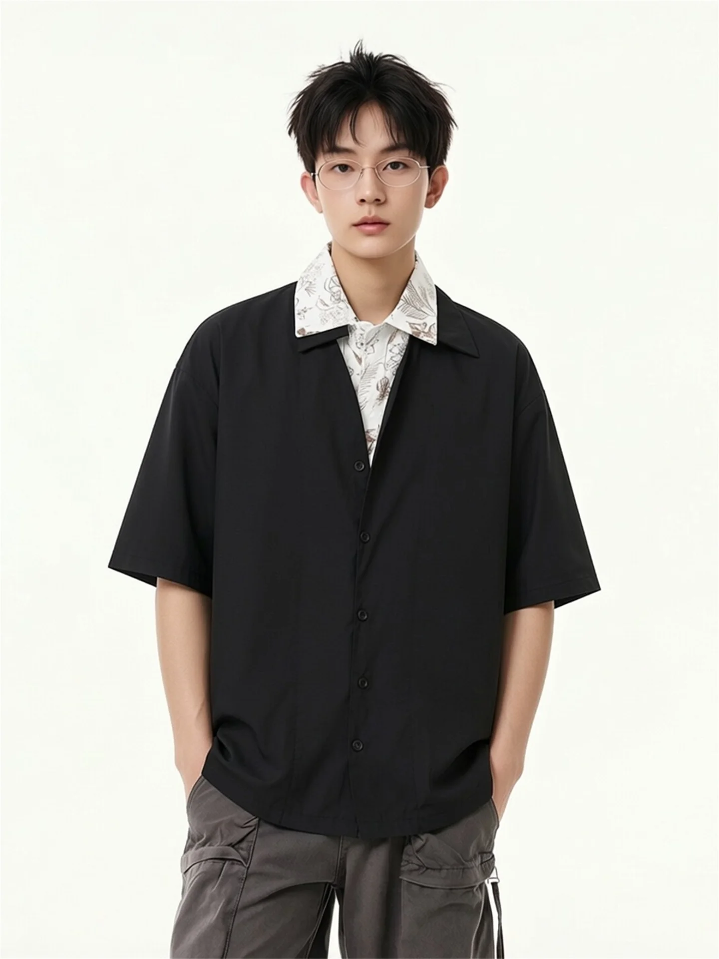 

Floral Print Collar Short Sleeve Men's Shirt Casual Style Splice Design Summer Fashion Loose Fit Youthful Trend