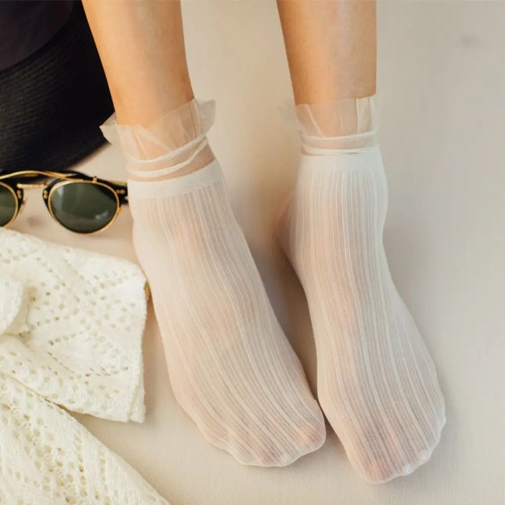 Kawaii Lolita Summer Women Socks Elastic Ultra-thin Transparent Mesh Socks Hollow Out Lace Ruffle Socks For Female Ladies