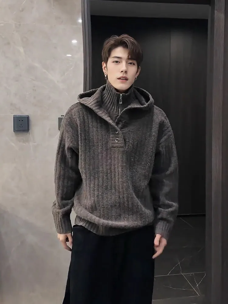 High-Neck Men's Knitted Sweater with Hood Vertical Stripes Fake Two-Piece Design Casual Fashion Winter Outerwear