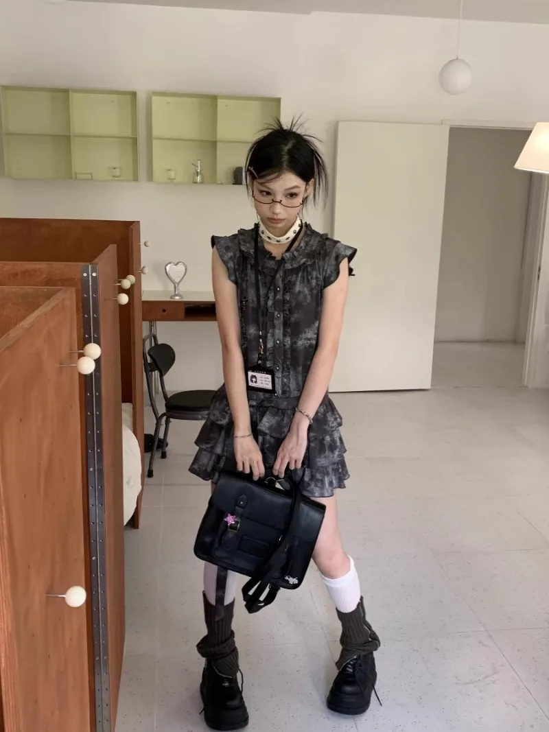 Japonês verão estilo universitário punk mangas voadoras rendas batendo unhas estrela bordado tie-dye em torno do pescoço vestido em camadas para mulher