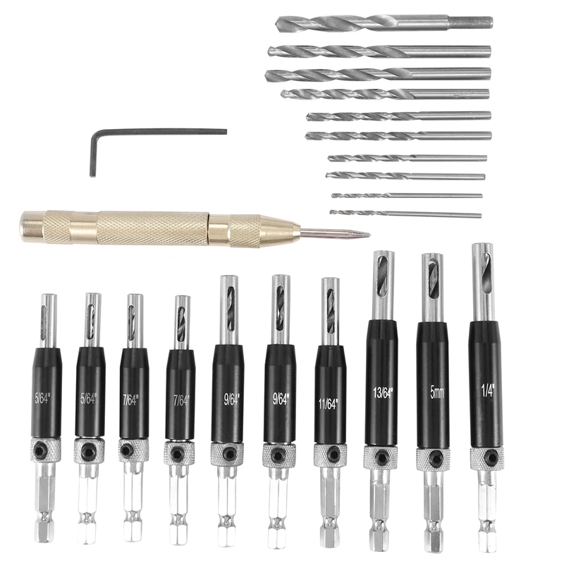 22Pcs Self-Centering Hinge Drill Bit Set, Door Window Cabinet Hinge Drill Bit, Core Hole Punch, Drill Bit, Center Punch