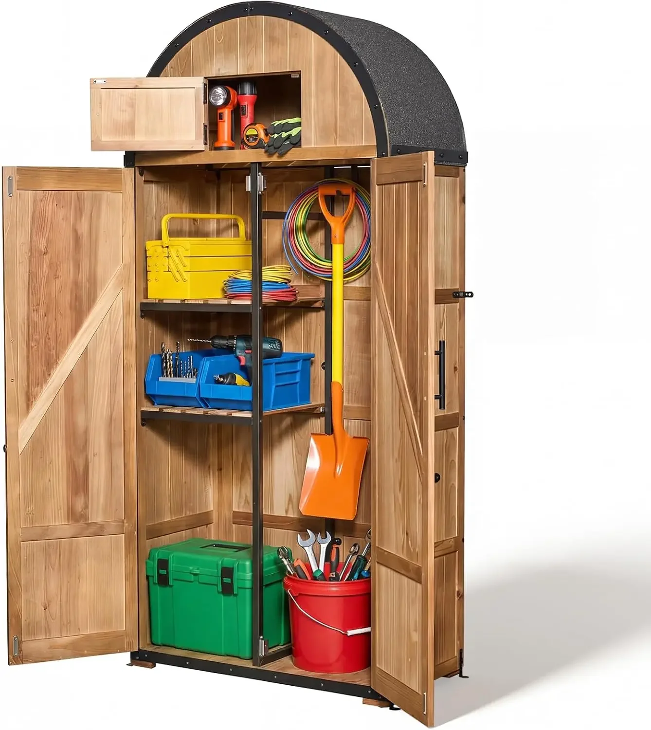 Outdoor Storage Shed, Waterproof Garden Tool Cabinet with Domed Roof & Double Doors, Lockable 5-Storage Organizer for Patio Lawn