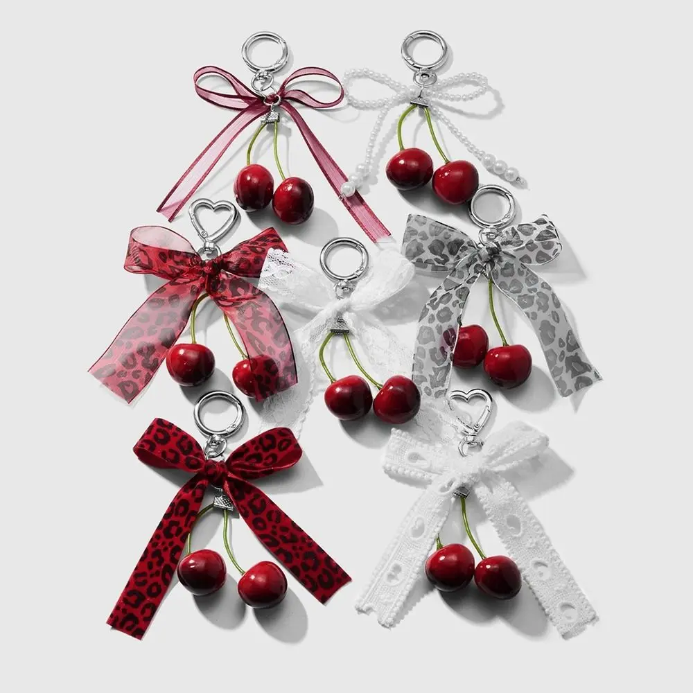Phone Charms Ribbon Bow Keychain Mesh Leopard Pattern Cherry Pendant Keyring Jewelry Heart Phone Chains Bag Ornaments