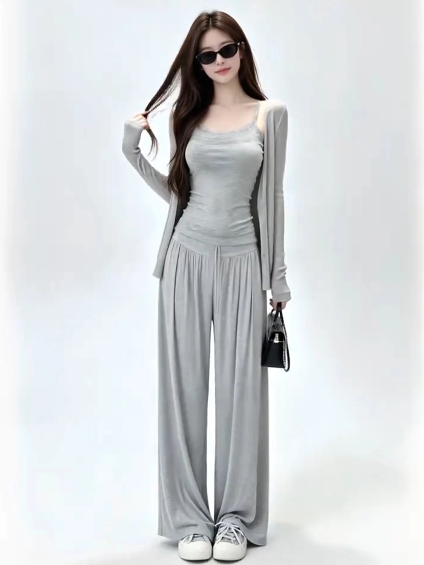 Gray Open Cardigan And Strap Top with Wide Leg Pants Women's Set Korean Style Autumn Fashion Three Piece Suit Comfortable Cas...