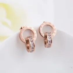 Trendy Stainless Steel Zirconia Stud Earrings Jewelry Rose Gold Color Roman Numeral Circle Earring For Women