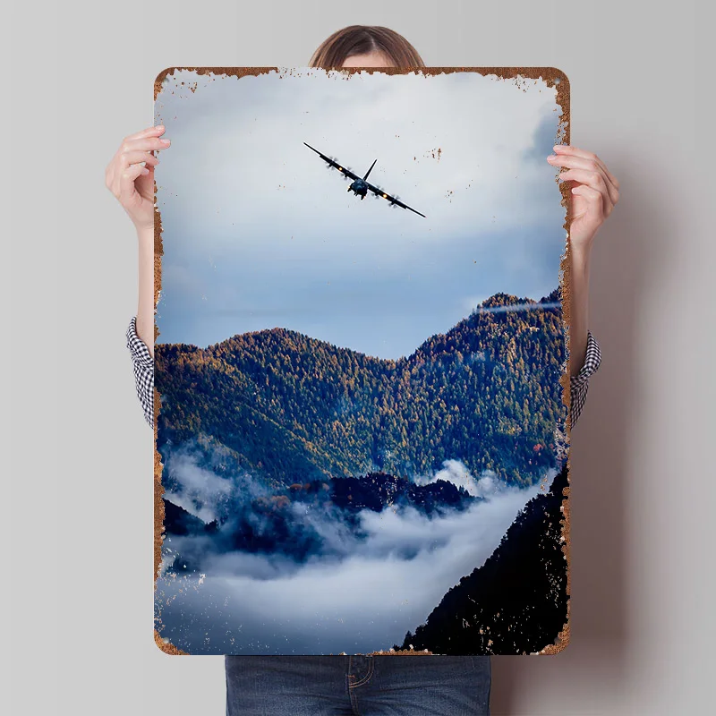 Danish C130 Flying Over Misty Mountains. Printed Poster Customized Wall Art Retro Vintage Metal Tin Signs for Home Desk Decor