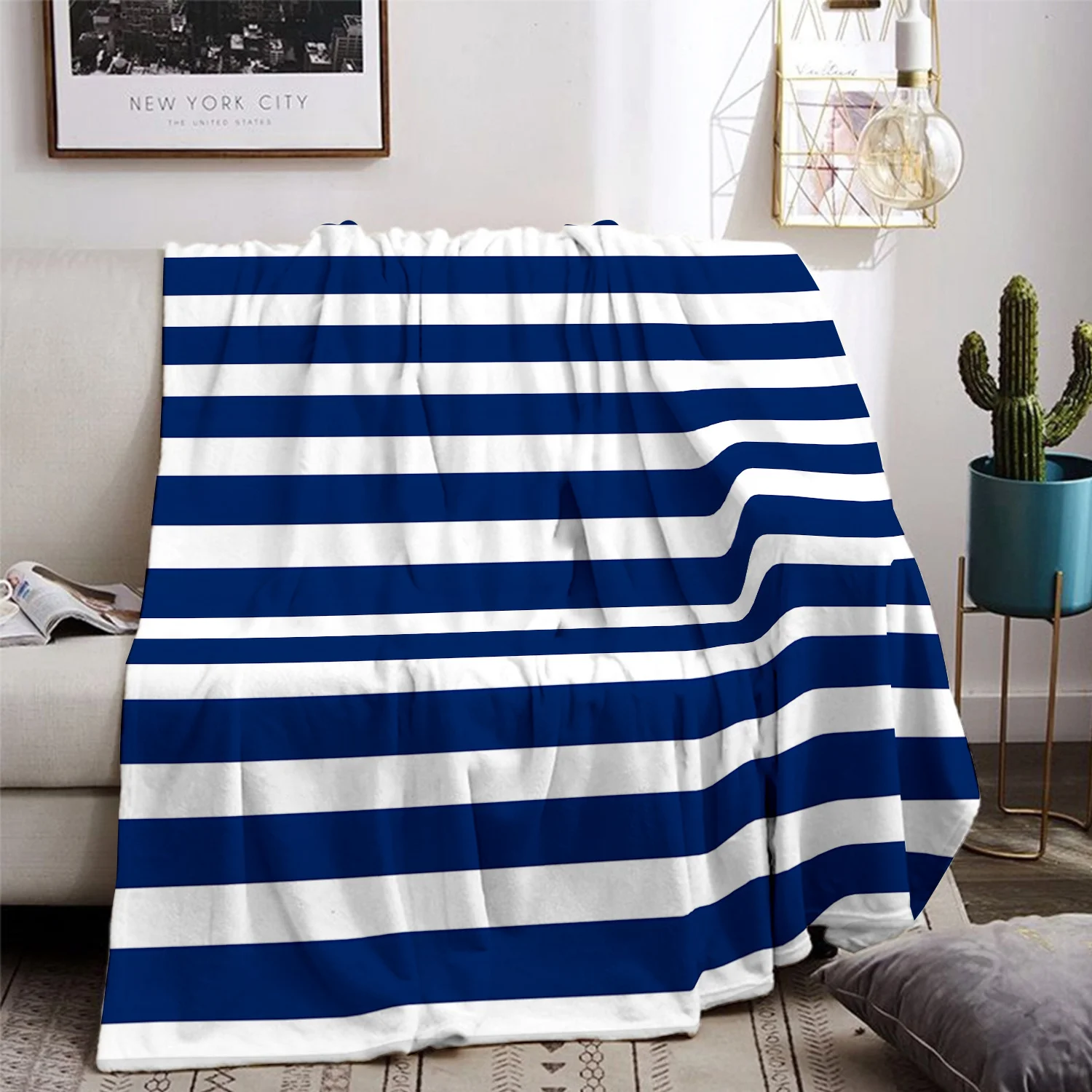 Large Blue and White Striped Throw Blanket Sofa Couch Decor Cozy Living Room Bedding Throw Nautical Coastal Style Home Accent