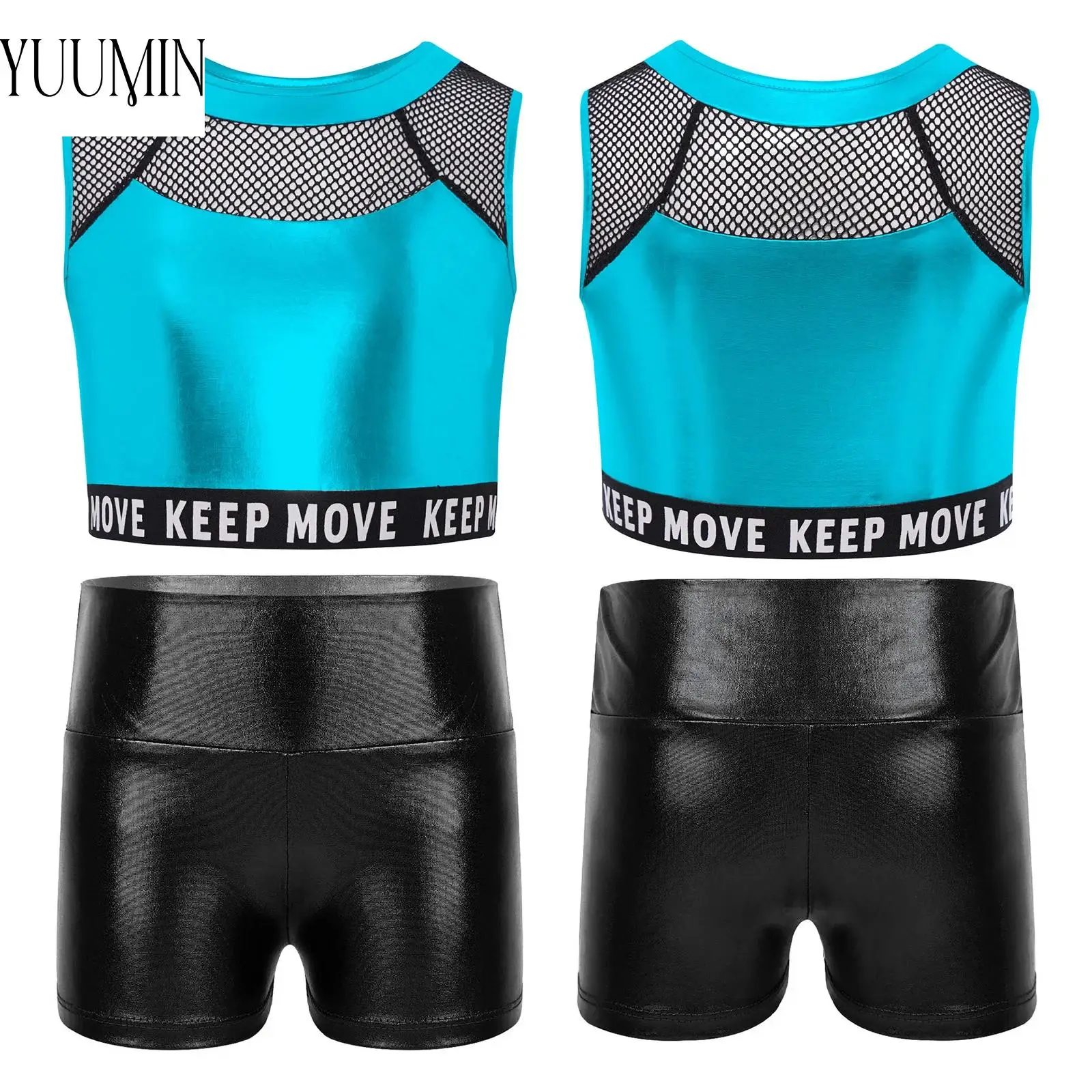 

Kids Girls Hip-hop Jazz Dance Outfit Gymnastics Performance Set Sleeveless Hollow Out Mesh Hem Metallic Vest+Shorts Sports Suits