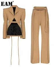 [EAM] Khaki Bandage Blazer Wide Leg Pants Two Piece Suit New Lapel Long Sleeve Women Fashion Tide Spring Autumn 2024 1DH4857