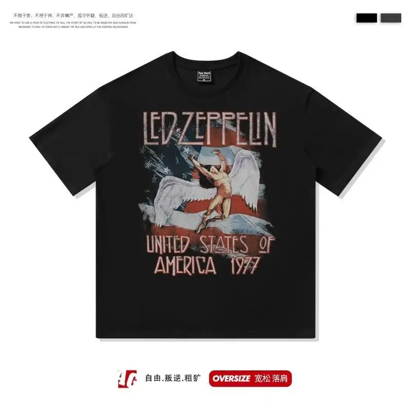 Same Style Zeppelin Airship LedZeppelin Hip-hop Rock Print Loose Casual Trend Short Sleeved T-shirt Over