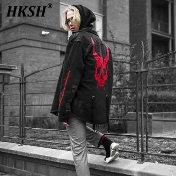 HKSH erkek Gelgit Punk İlkbahar Ve Sonbahar Yeni Baskı Ceketler Gevşek Boyutu Kafatası Denim Ceket Moda Koyu Tek Göğüslü Vintage HK0114
