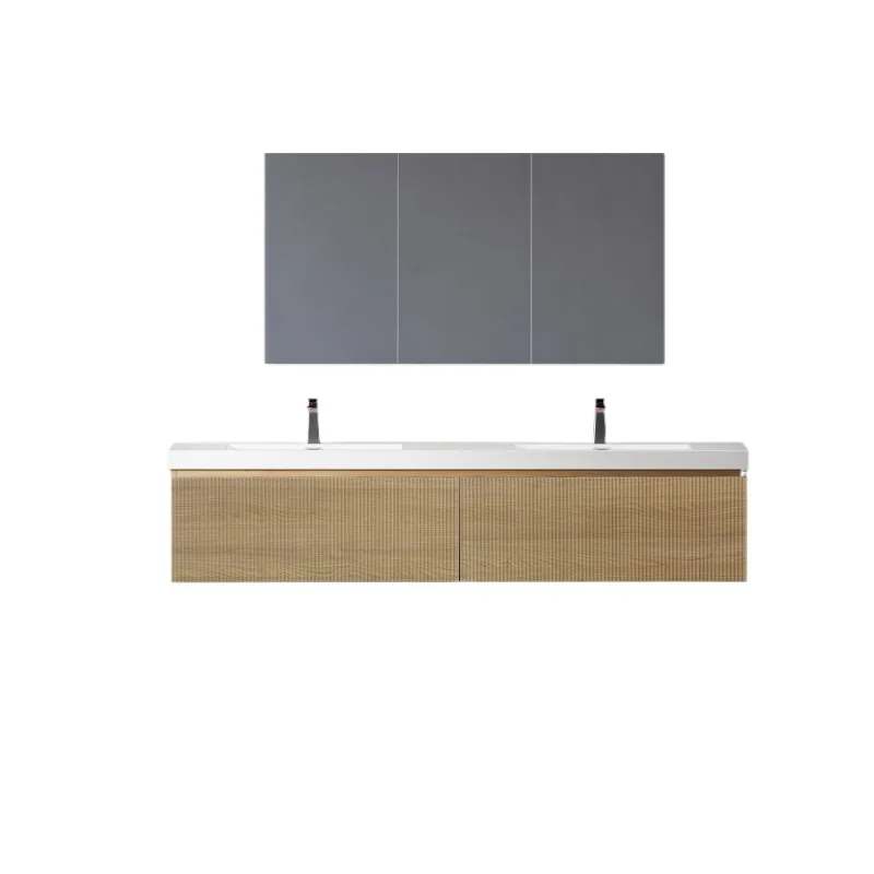 

72" Floating Vanity With Sink Combo, Striped Wall-Mounted Cabinet With Soft-Close Drawer And Double Glossy White Solid Surface Basins, Fully Assembled Natural Oak GF-24V16-72NOW-W1573P265205