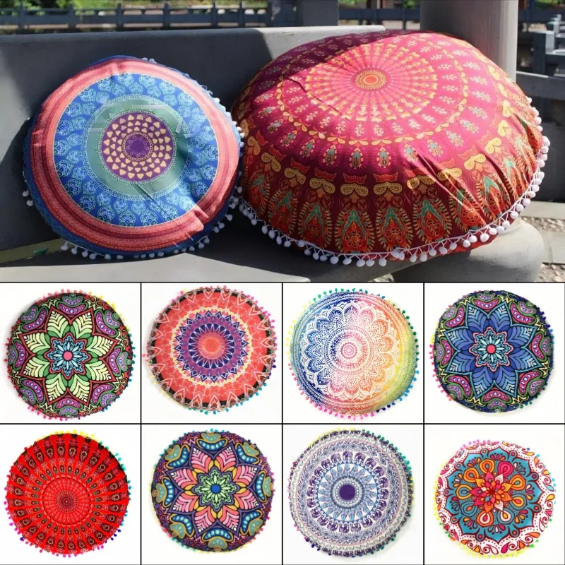 43cm Round Bohemian Pillow Case Mandala Pattern Cushion Cover Indian Elephant Retro Meditation Floor Decorative Pillows