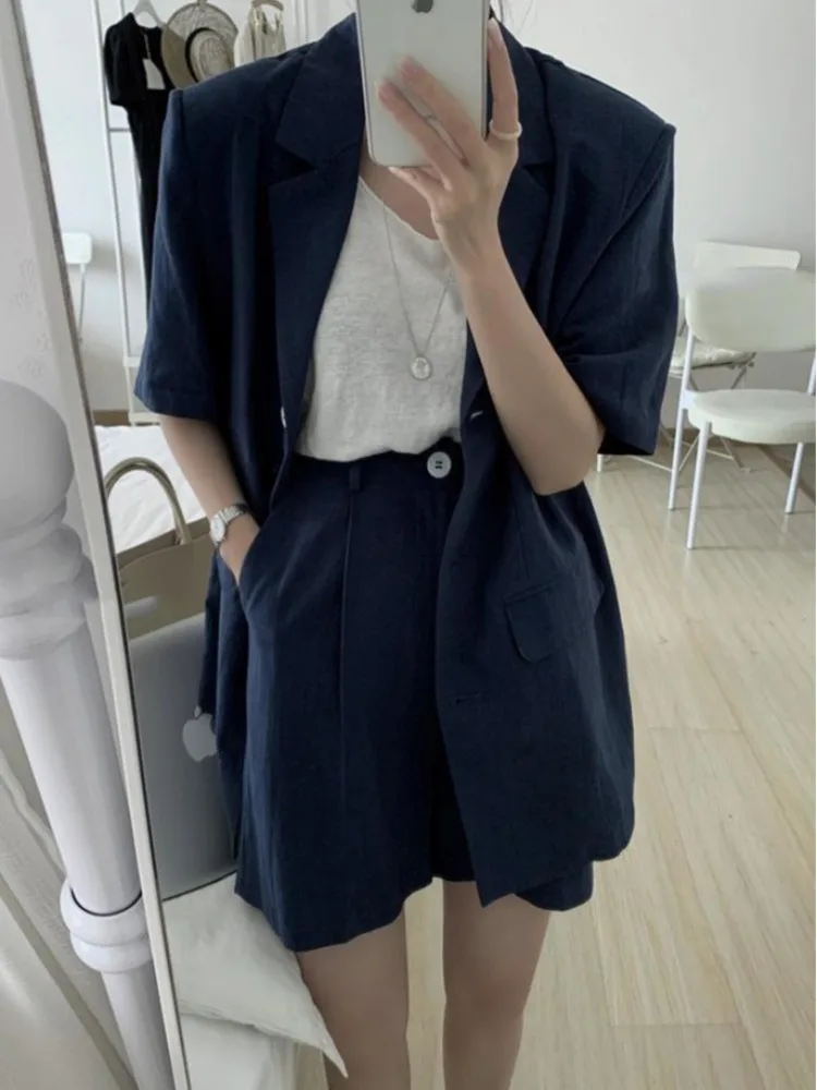 여름 신상 코튼 린넨 반팔 수트 자켓 & 캐주얼 수트 반바지 여성 세트, 젊은 여성을 위한 트렌디한 투피스 앙상블