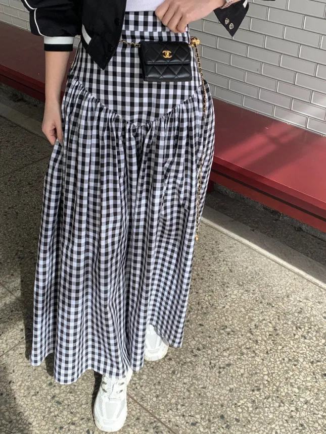 

Chic High Waist A-Line Midi Skirt Women's Spring Summer Autumn Pure Color Patchwork Pleated Flared Skirts Commute Sle