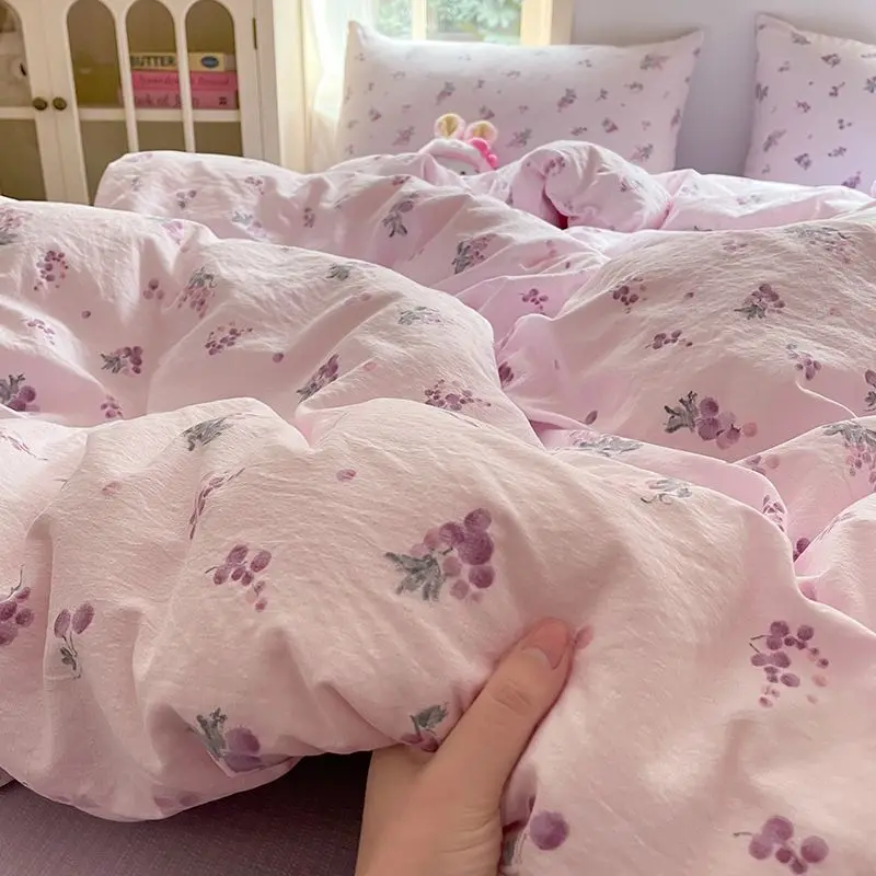 Ins Korean Girls Grape Bedding Set 2025 New Soft Washed Quilt Set Four Piece Set Simple Bed Sheet Set Dormitory 3-Piece
