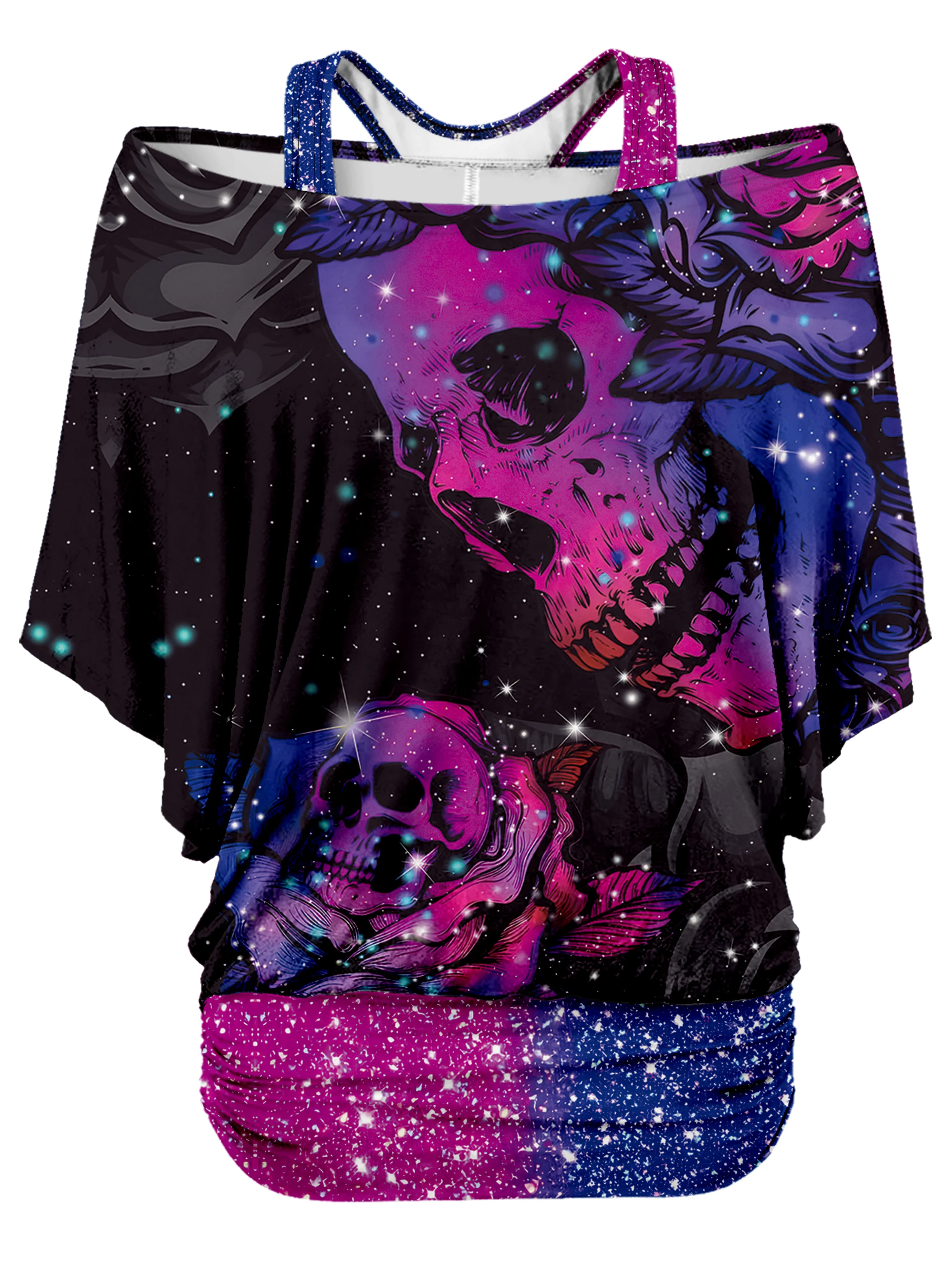 PLstar Cosmos 3D Printed Horror Skull Pattern Faux Two-Piece Top Women's Casual T-Shirt Harajuku Streetwear
