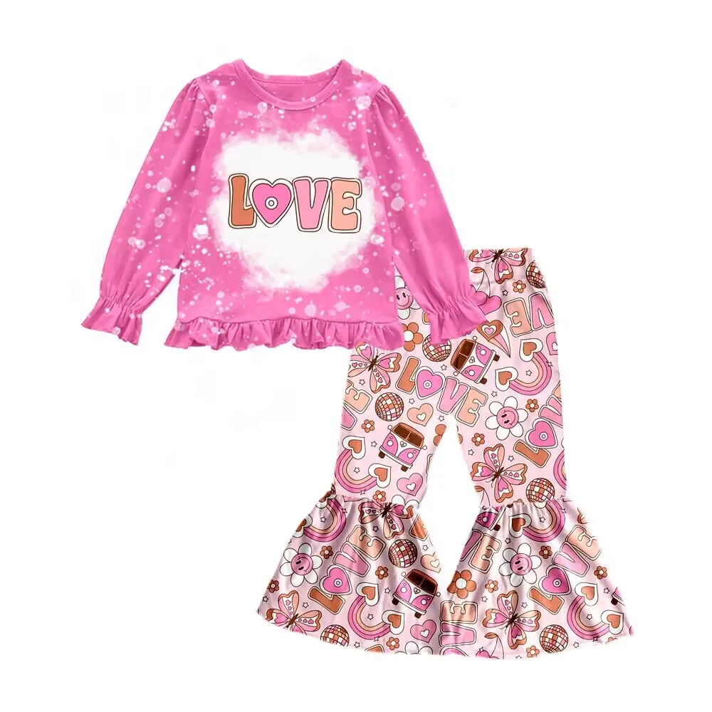 Hot selling boutique girls suit fashionable Valentine's Day chocolate baby little girl long sleeve bell pants suit wholesale