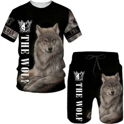 Conjunto de camiseta y pantalones cortos con estampado 3D de lobo Animal para hombre, chándales de manga corta de gran tamaño, ropa de moda