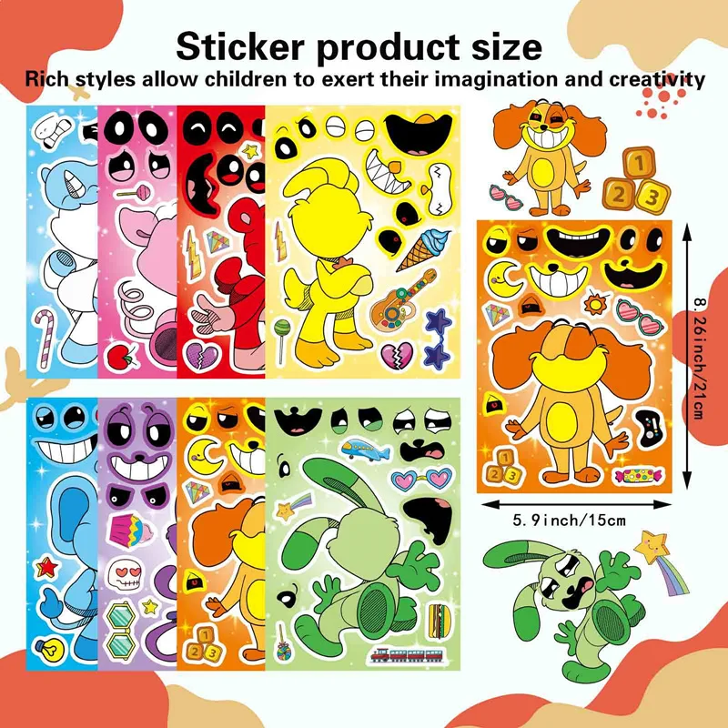 16 Sheets Smiling Critters Horror Game Make Your Own Face DIY Puzzle Stickers Gift For Kids