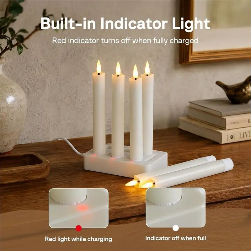 ABGE-Remote Timer Rechargeable LED Taper Candles With Charging Station, Wax Set Of 6 Flickering 3D-Wick Warm Light